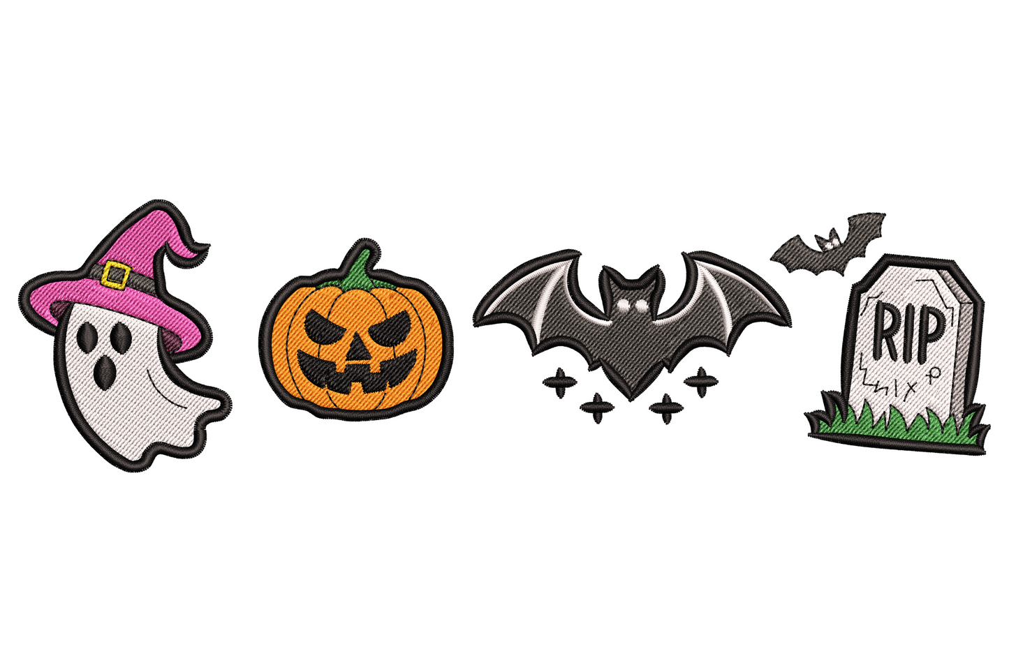Halloween mini icons embroidery design showing nine flat cartoon symbols including pumpkin ghost bat skull and black cat in a horizontal row on white background.