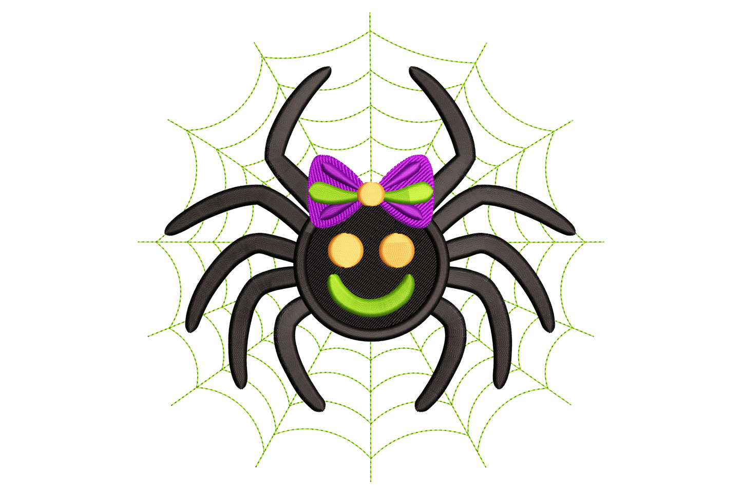 Cute Halloween spider with bow machine embroidery design, round cartoon spider with oversized bow on head, six colours black pink cream orange, 3.47 by 3.5 inches square.