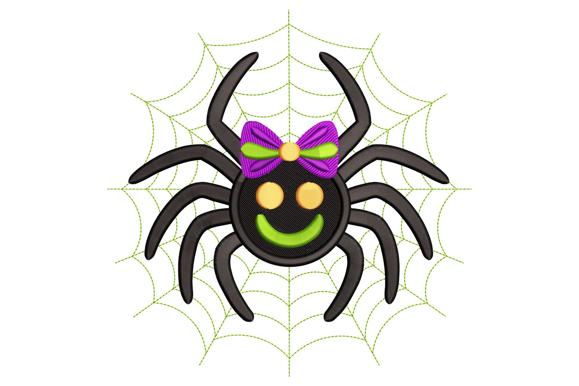 Cute Halloween spider with bow machine embroidery design, round cartoon spider with oversized bow on head, six colours black pink cream orange, 3.47 by 3.5 inches square.