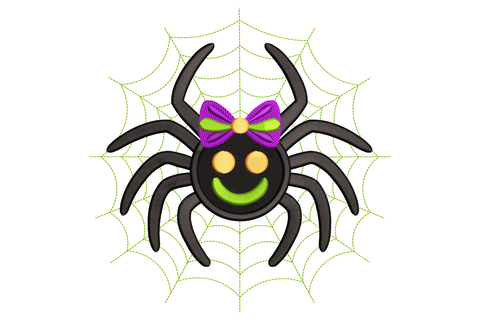 Cute Halloween spider with bow machine embroidery design, round cartoon spider with oversized bow on head, six colours black pink cream orange, 3.47 by 3.5 inches square.