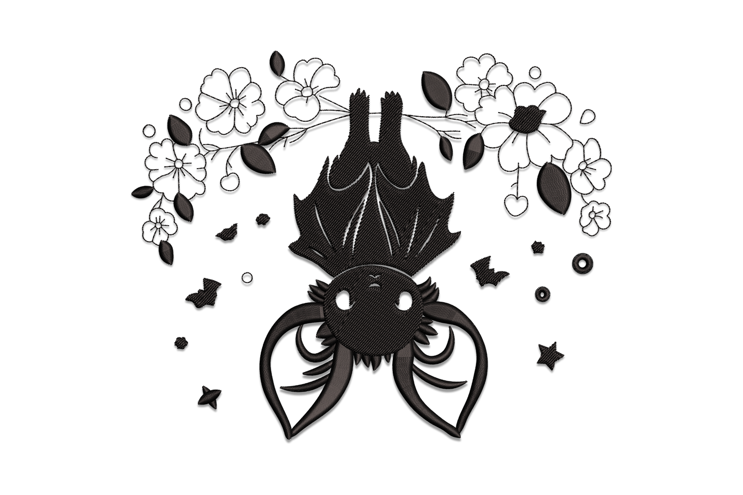 Cute hanging bat with floral sprigs halloween embroidery design, kawaii upside-down bat with flowers, single colour, 5 sizes from 2.84 to 6.07 inches
