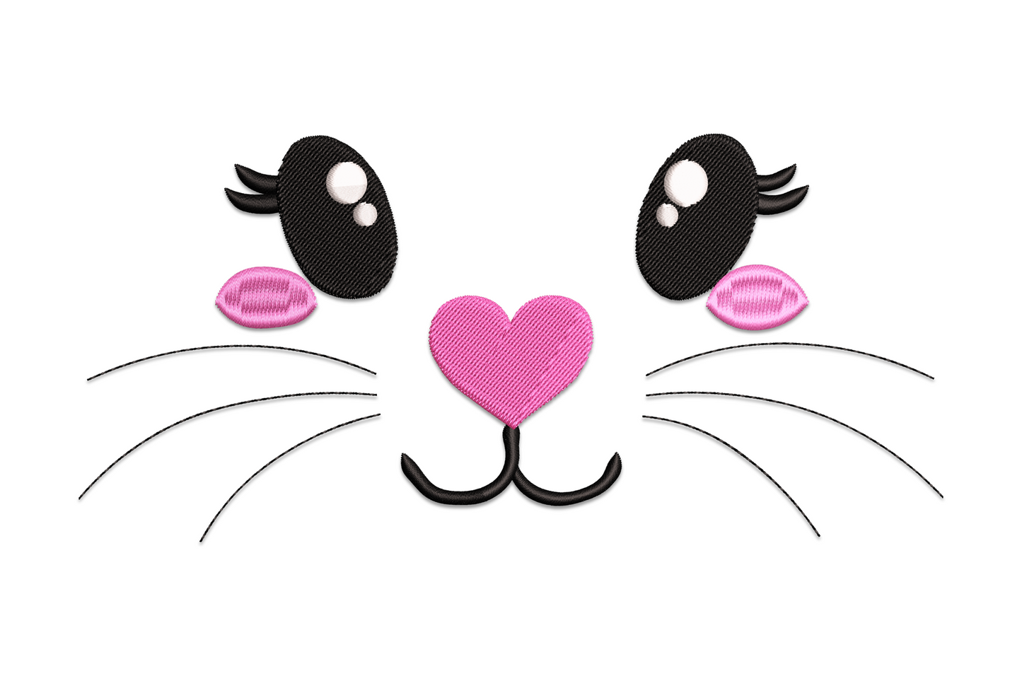 Cute cat face embroidery with heart-shaped hot pink nose, sketchy black ears, pink cheeks and thin whiskers on white fabric.