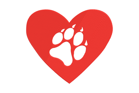 Cute heart with paw print embroidery design showing an open heart outline containing a solid-fill paw print with 4 toe pads, single colour, 6 sizes from 2.5 to 7.5 inches wide