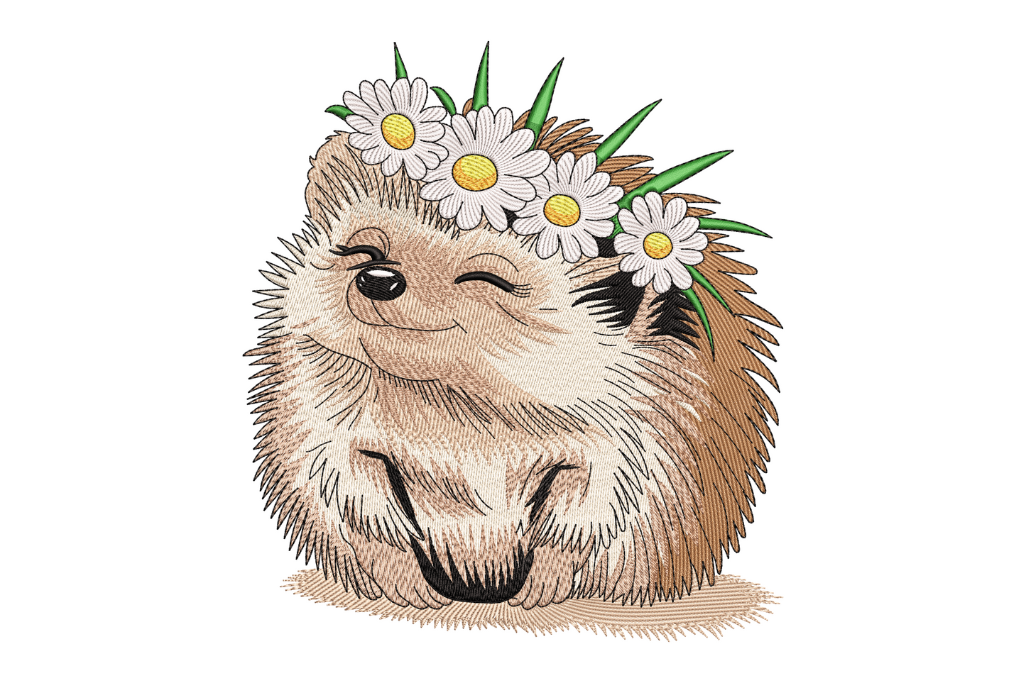 Cute hedgehog machine embroidery design with individual satin spine stitching, soft character face and 9 thread colours in warm brown and cream