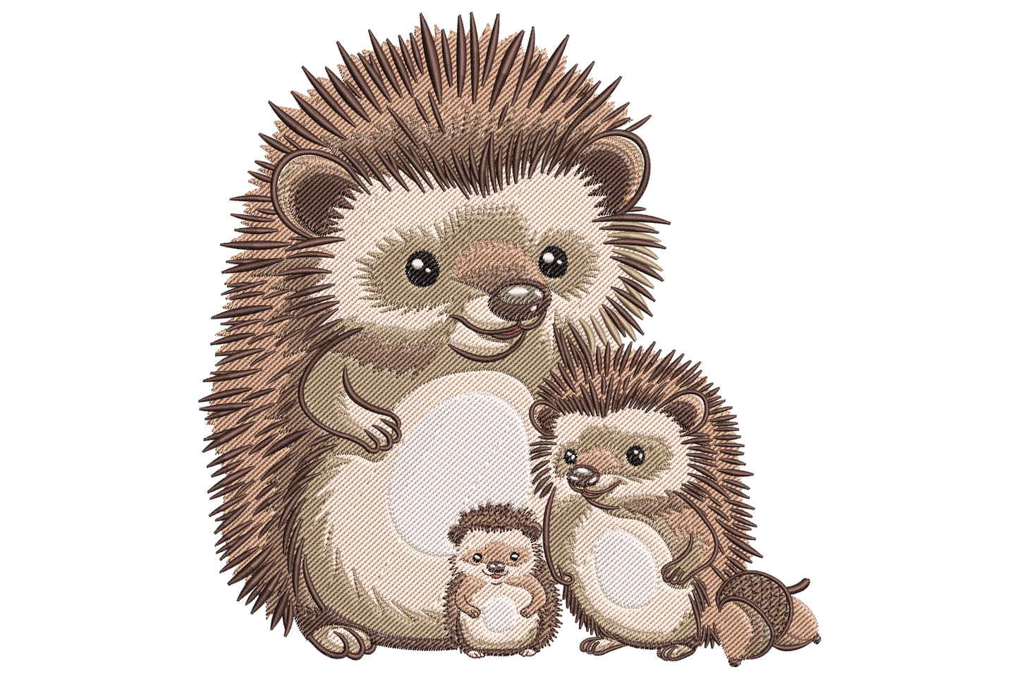 Cute hedgehog family embroidery design with parent and two baby hedgehogs in warm browns and cream, detailed spike texture in 9 colours.
