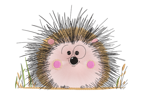 Cute cartoon hedgehog embroidery with radiating brown spines, rosy pink cheeks and round belly, sitting in green grass with wheat stems.