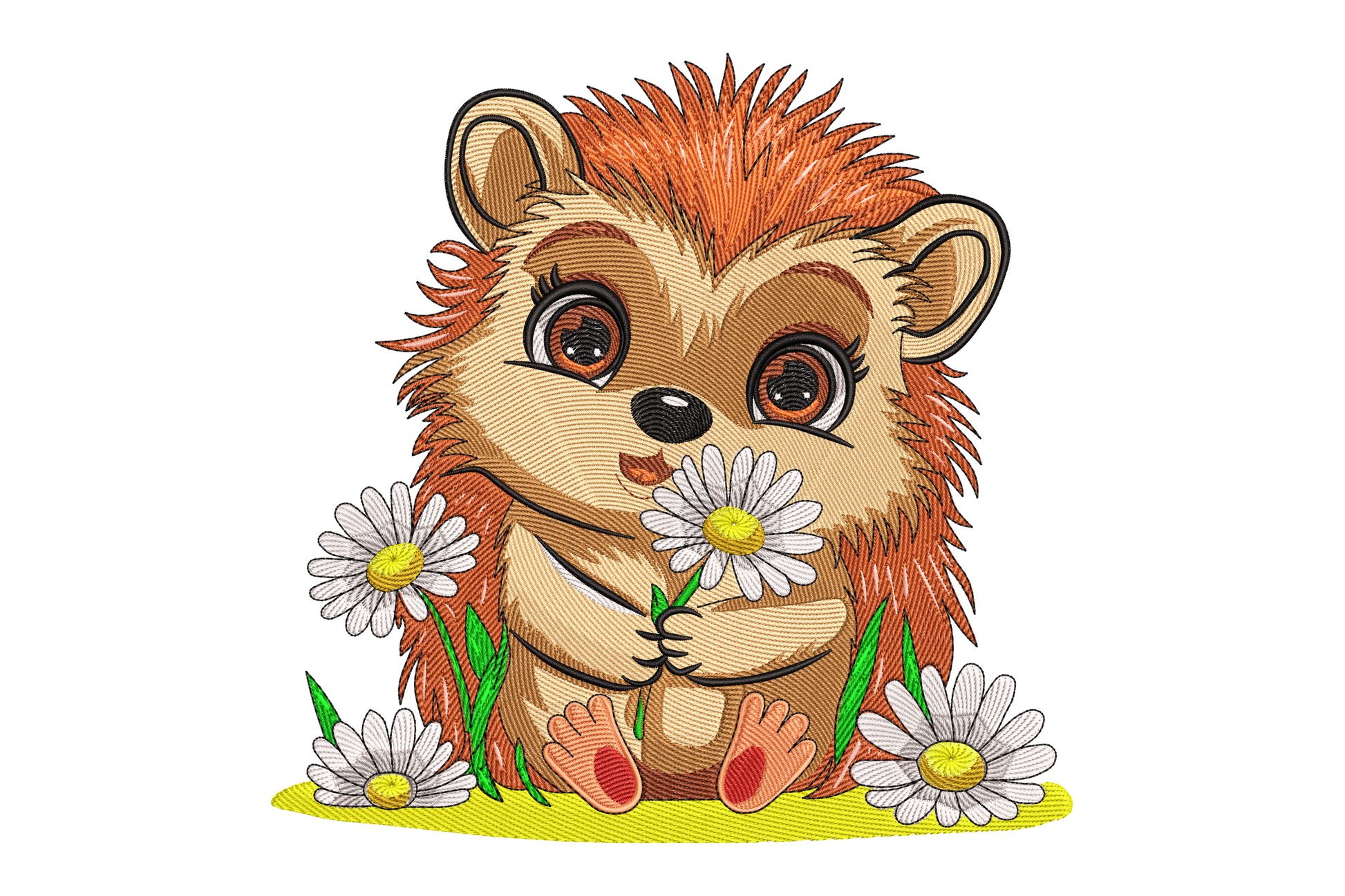 Cute hedgehog with daisy embroidery, brown and cream satin stitching, 16 colours, 7.35 by 7.45 inches