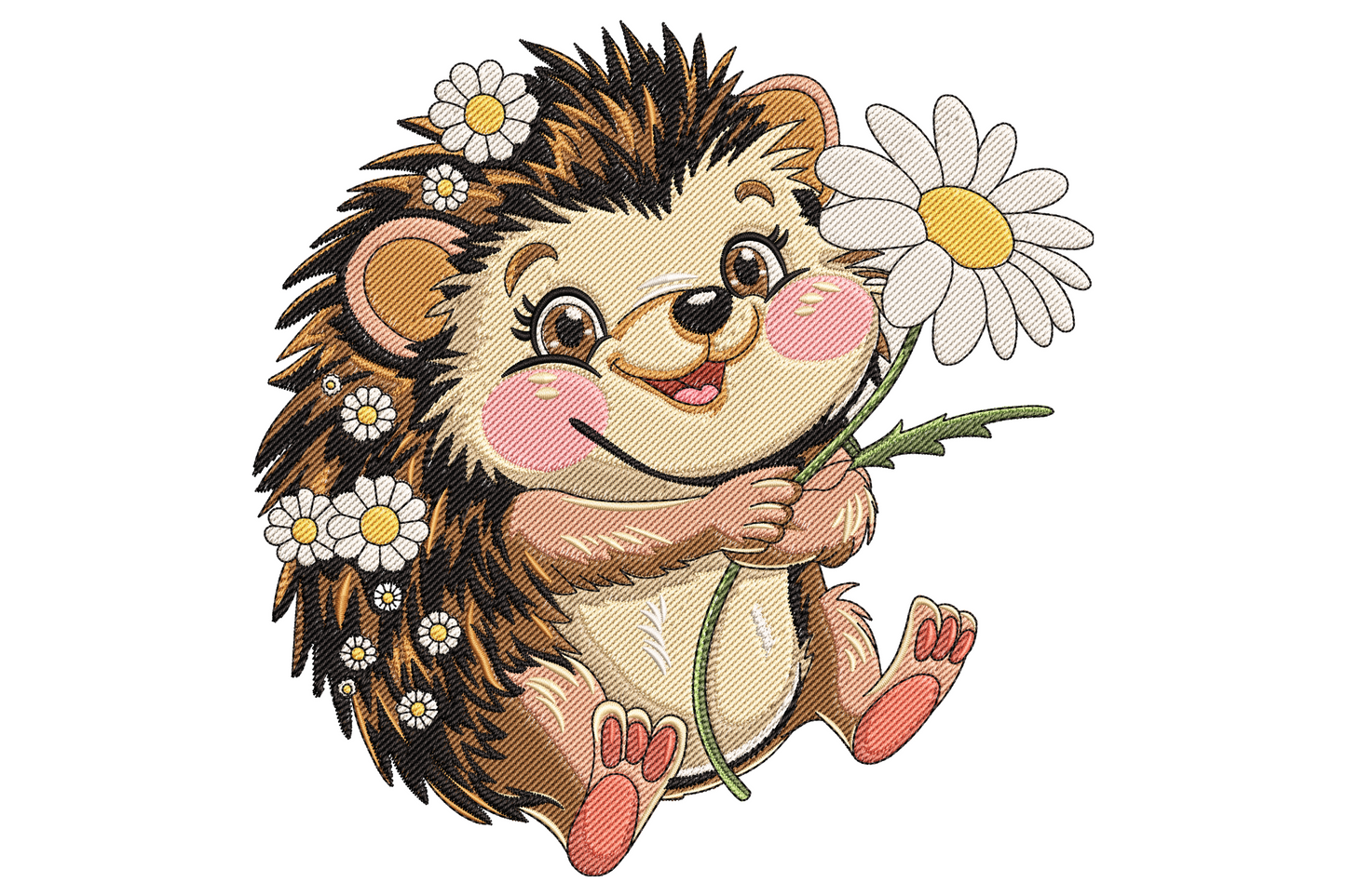 Cute hedgehog embroidery design holding a white daisy with smaller daisies in its spines, cartoon style in brown, cream and sage green.