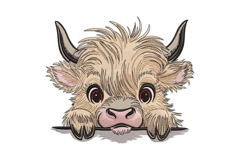 Cute highland cow embroidery design, wide face portrait with long tawny fringe and oversized eyes, nine earth-tone thread colours, charming rounded style.