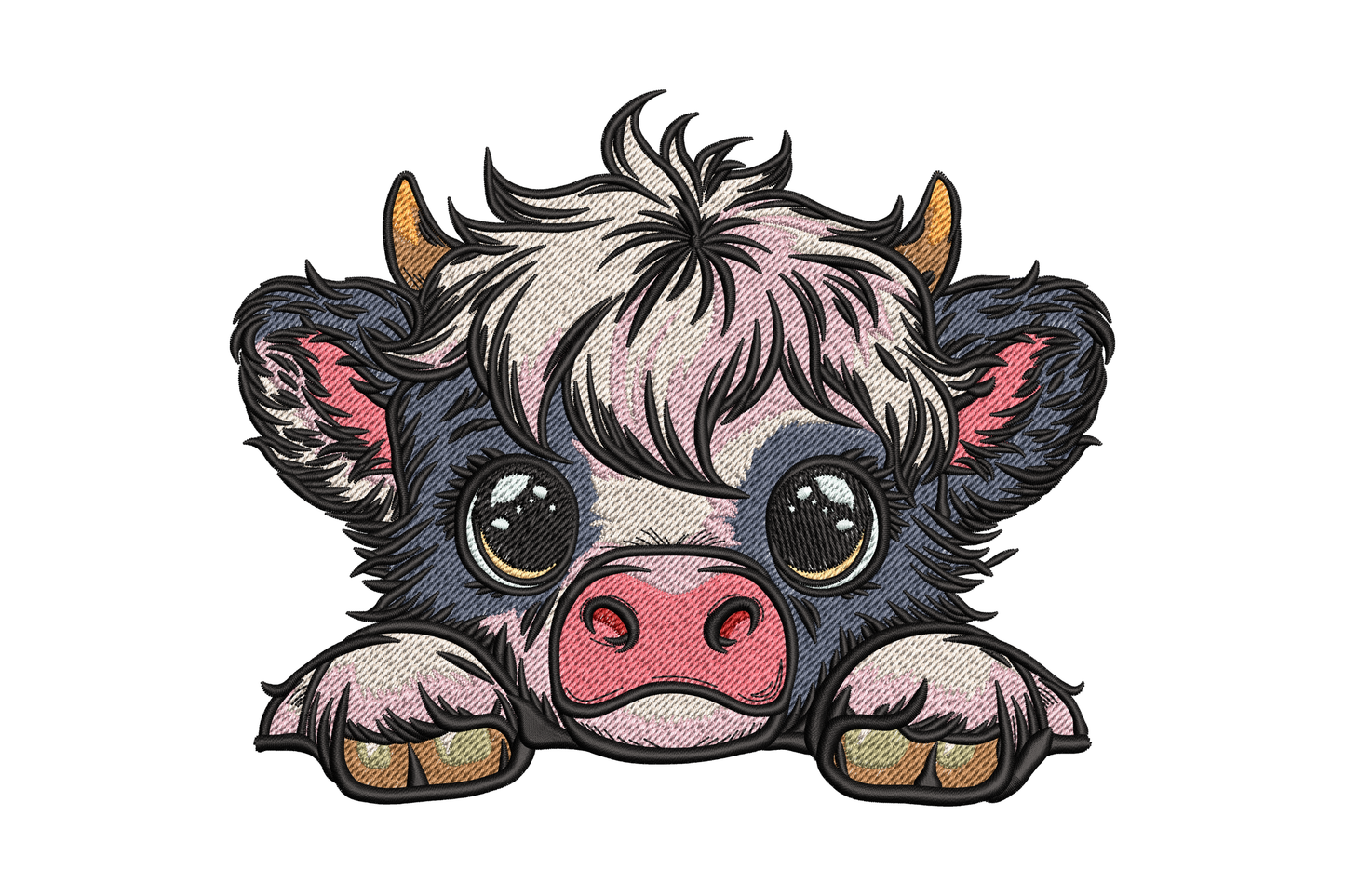 Highland cow face machine embroidery design, cute fluffy fringe cow peeking up, 11-color kawaii farm animal design