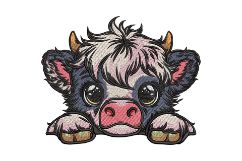 Highland cow face machine embroidery design, cute fluffy fringe cow peeking up, 11-color kawaii farm animal design