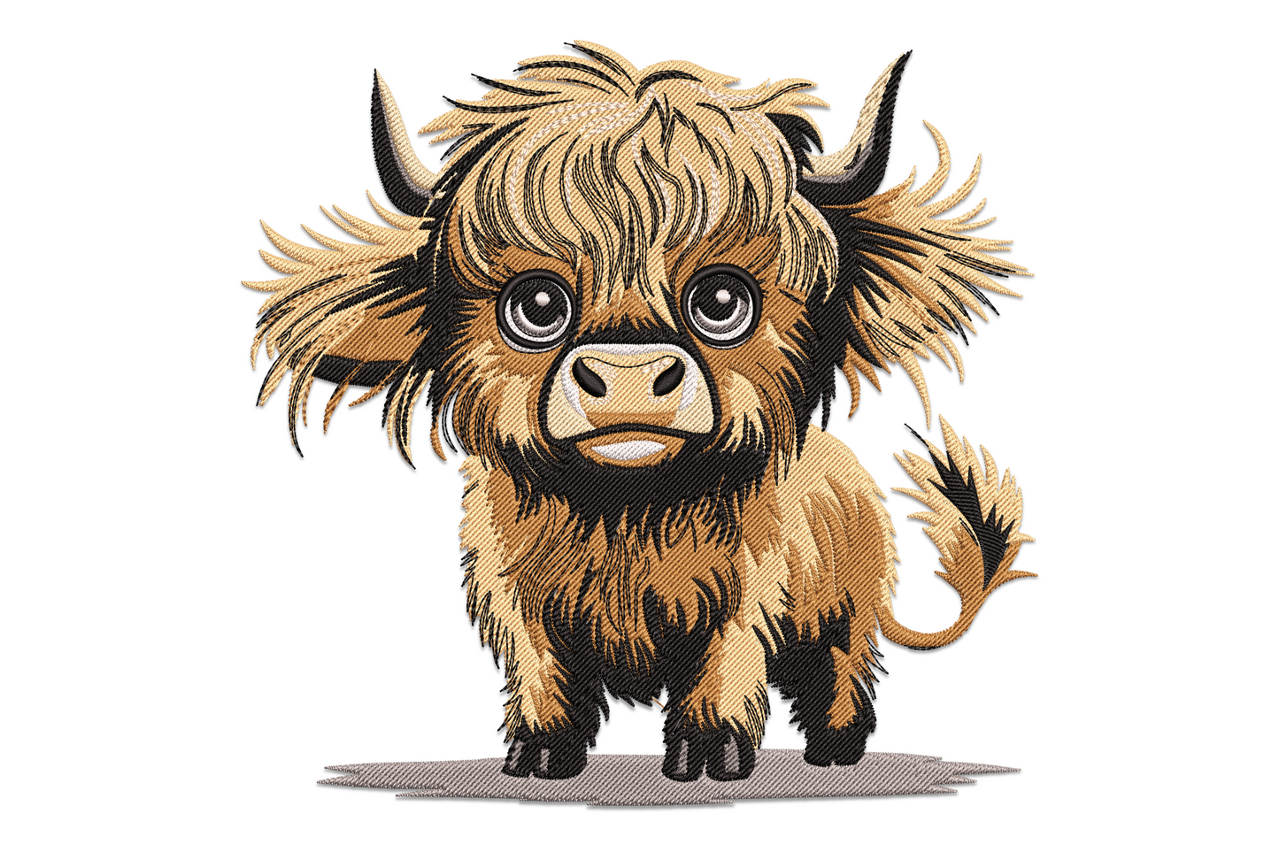 Cute highland cow machine embroidery design showing front-facing cartoon cow with shaggy amber-gold fringe, large round eyes with eyelashes, pink nose, and warm caramel fur detail, nine-colour design.