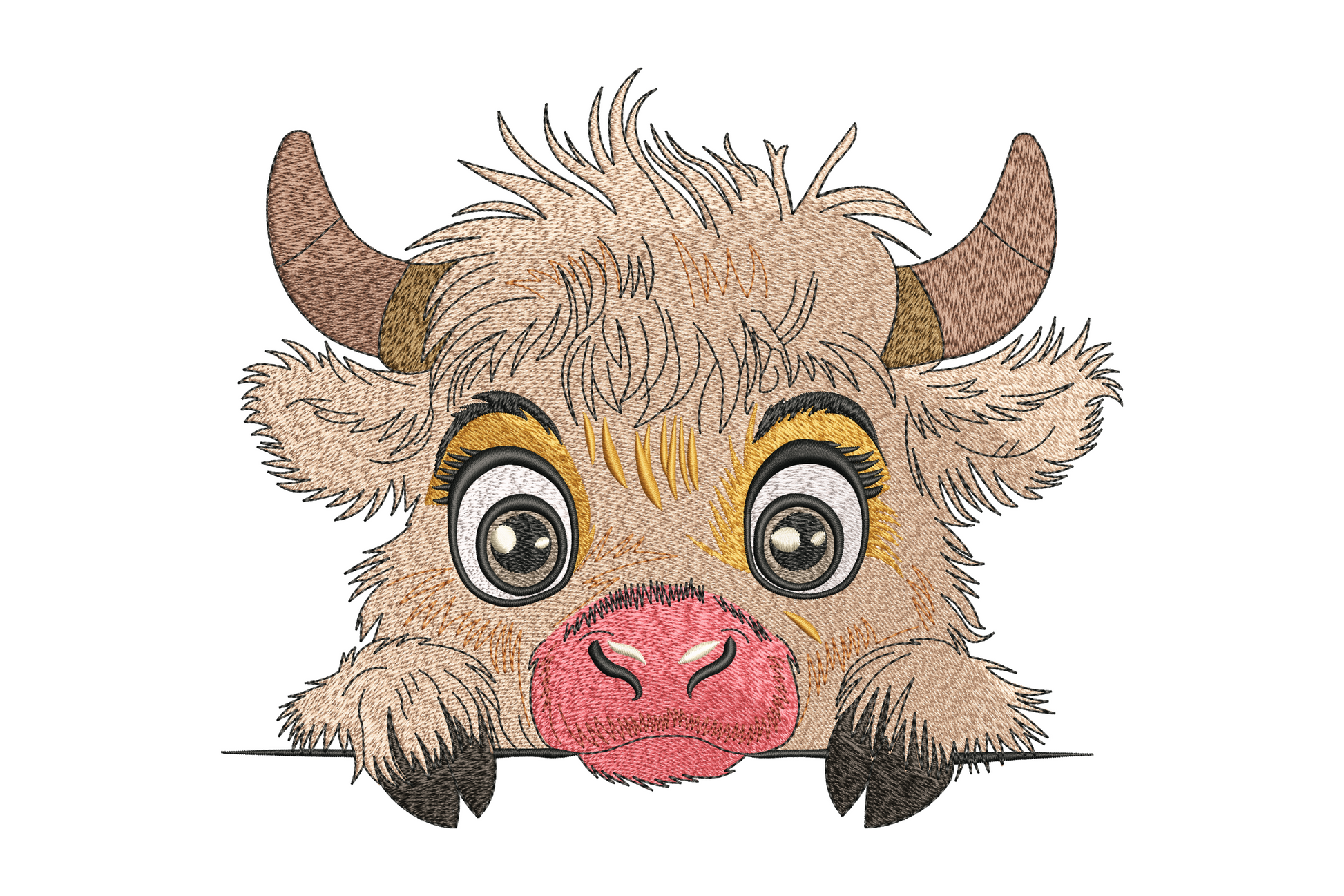 Highland cow peekaboo embroidery design, shaggy fringe cow peeking over edge, 13 colours, 5 sizes