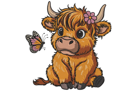 Cute highland cow embroidery design with shaggy russet fringe, oversized dark eyes and a small butterfly perched on the nose, 13 colour design.