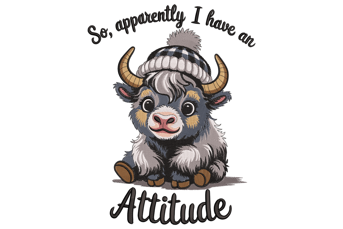 Fluffy baby highland cow in white pom-pom beanie, curved horns, script quote above and bold Attitude text below.