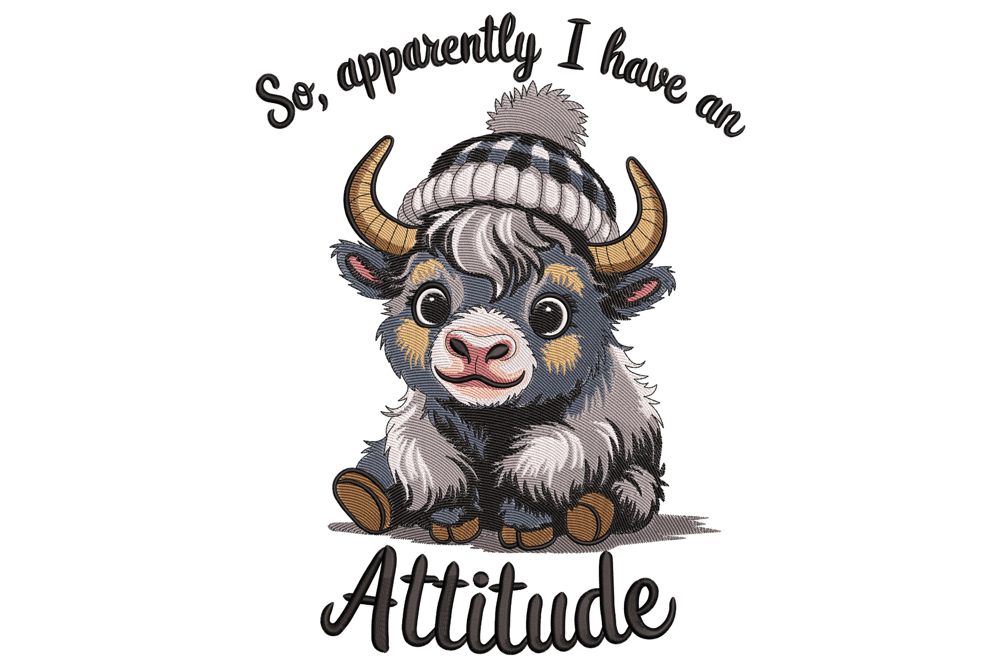 Fluffy baby highland cow in white pom-pom beanie, curved horns, script quote above and bold Attitude text below.