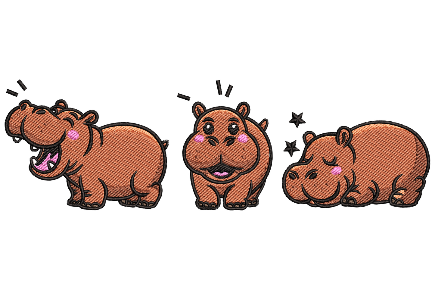 Cute hippo trio embroidery, three chonky cartoon hippos in a row: one laughing, one smiling, one sleeping with stars above.
