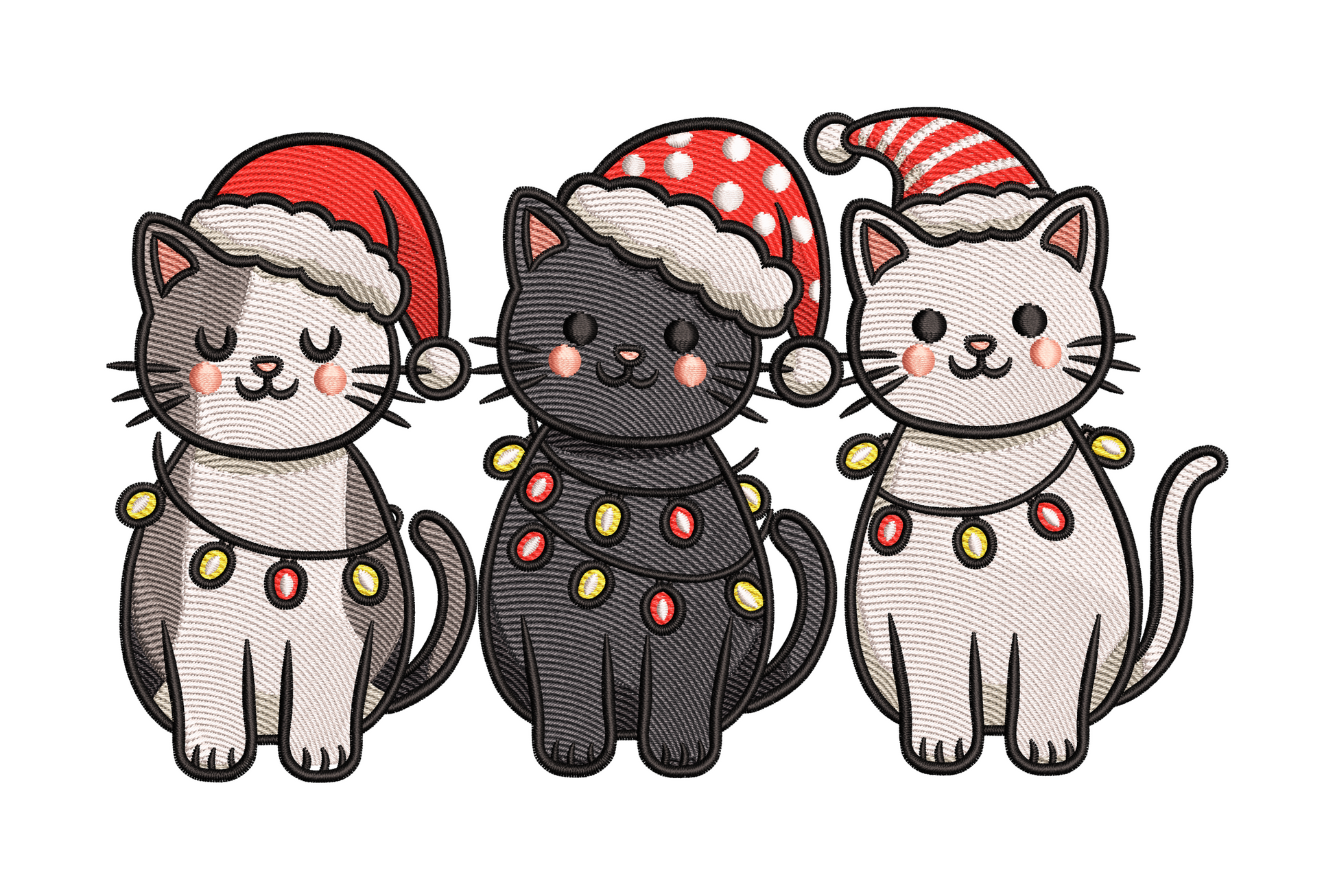Three sitting kittens in red Santa hats with white pompoms and christmas light strings, grey dark grey and white cats, holiday embroidery design