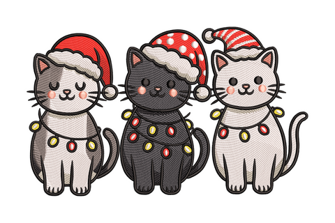 Three sitting kittens in red Santa hats with white pompoms and christmas light strings, grey dark grey and white cats, holiday embroidery design