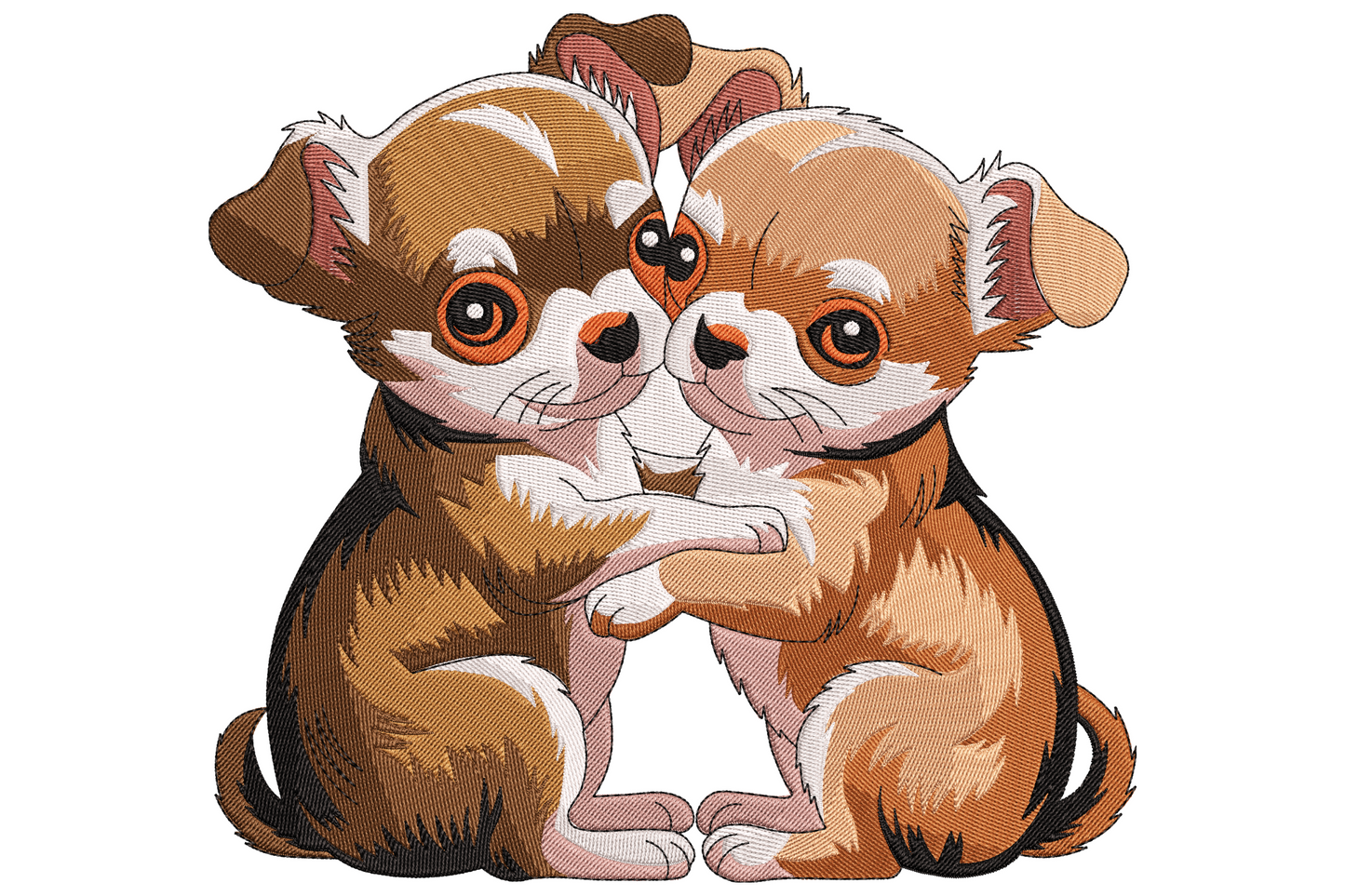 Two cartoon puppies hugging side by side, one tan and one cream, with pink tongues and big dopey eyes embroidery design.