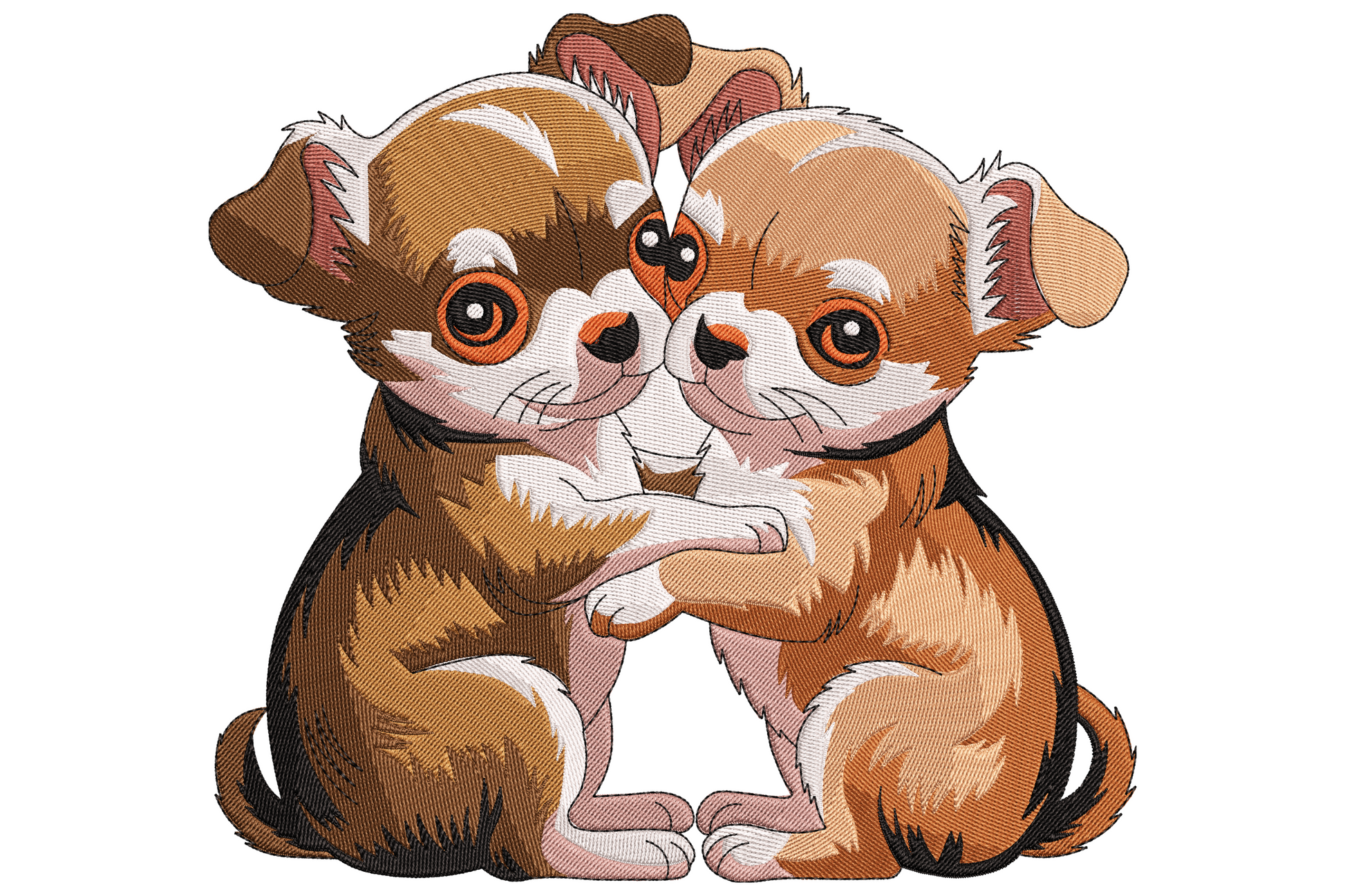 Two cartoon puppies hugging side by side, one tan and one cream, with pink tongues and big dopey eyes embroidery design.