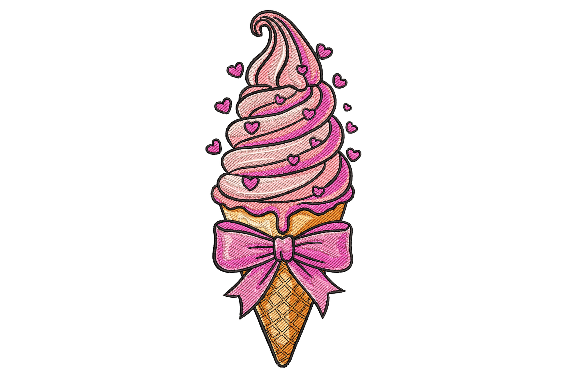 Pink soft serve ice cream cone embroidery with magenta bow and hearts floating around the swirl on a golden waffle cone