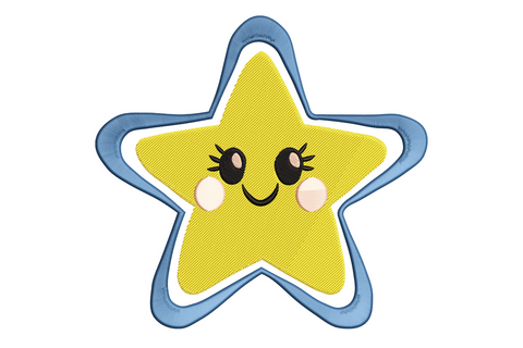 Kawaii embroidery of a yellow smiling star with big lashed eyes, peach cheeks and a denim blue scribble outline.