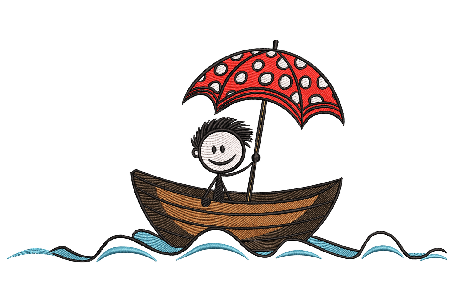 Stick-figure boy in brown rowboat holding red polka-dot umbrella over wavy blue water cute kid embroidery design