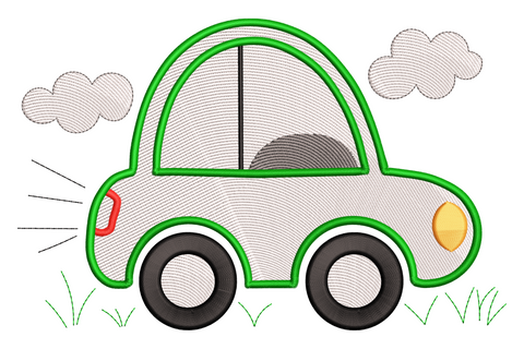Cute kids car embroidery design with bright green outline, grey body, two clouds and small green grass tufts.