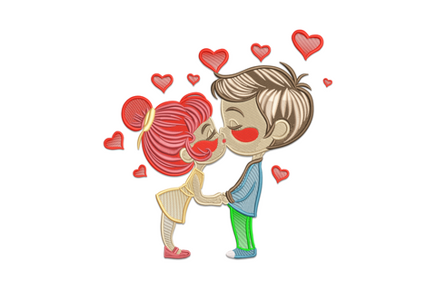 Machine embroidery design of two cute cartoon figures sharing a kiss with hearts near their faces, nine colours, romantic Valentine style
