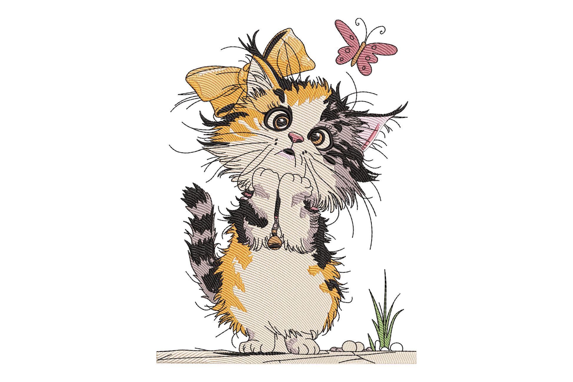 Cute playful kitten machine embroidery design in mid-pounce stance, ten thread colours with directional fur shading and wide cartoon eyes, raised paw pose on white background.