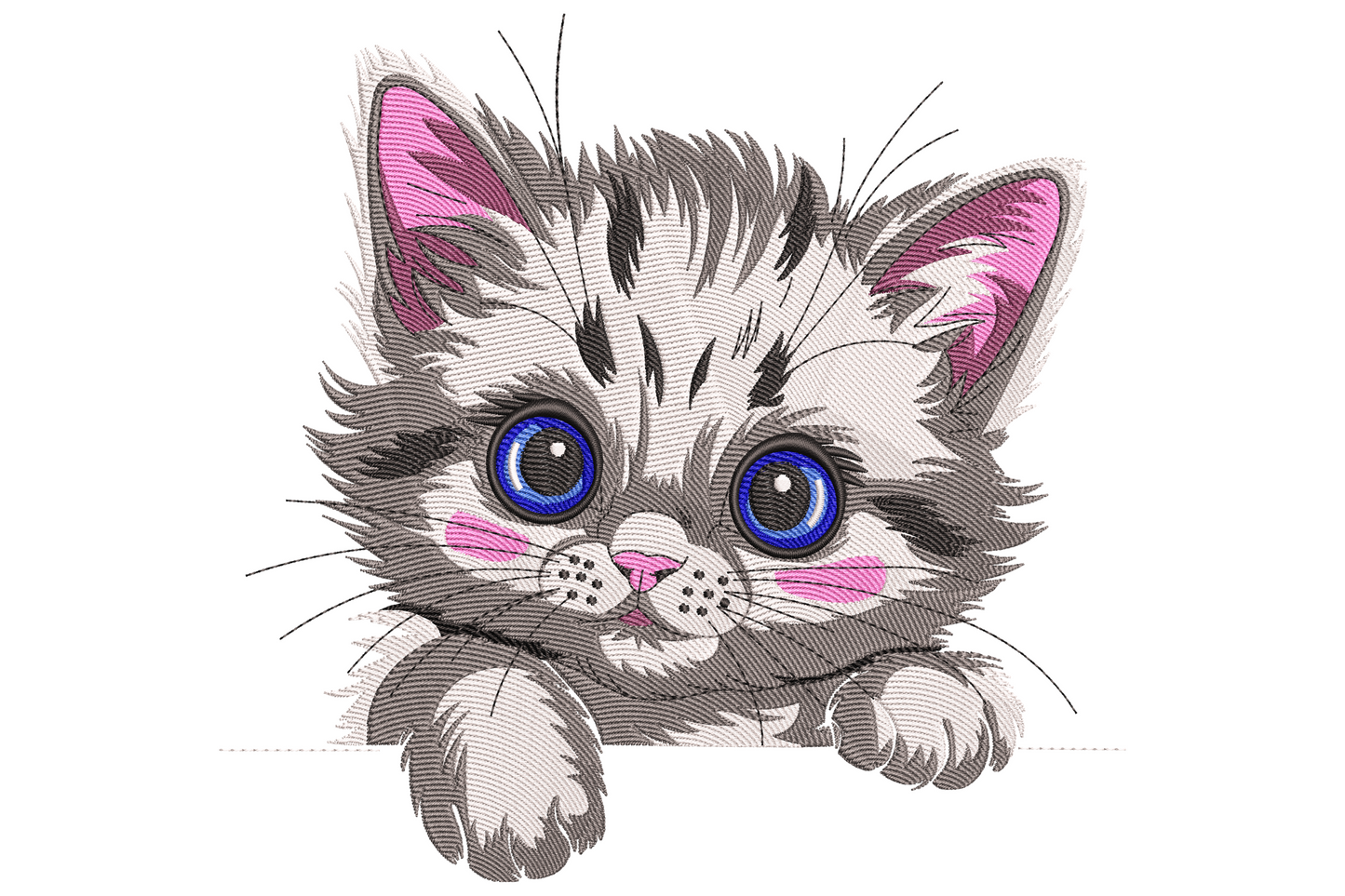 Cute kitten face embroidery, grey tabby fluff, cobalt blue eyes, pink inner ears, paws tucked, kawaii pet portrait