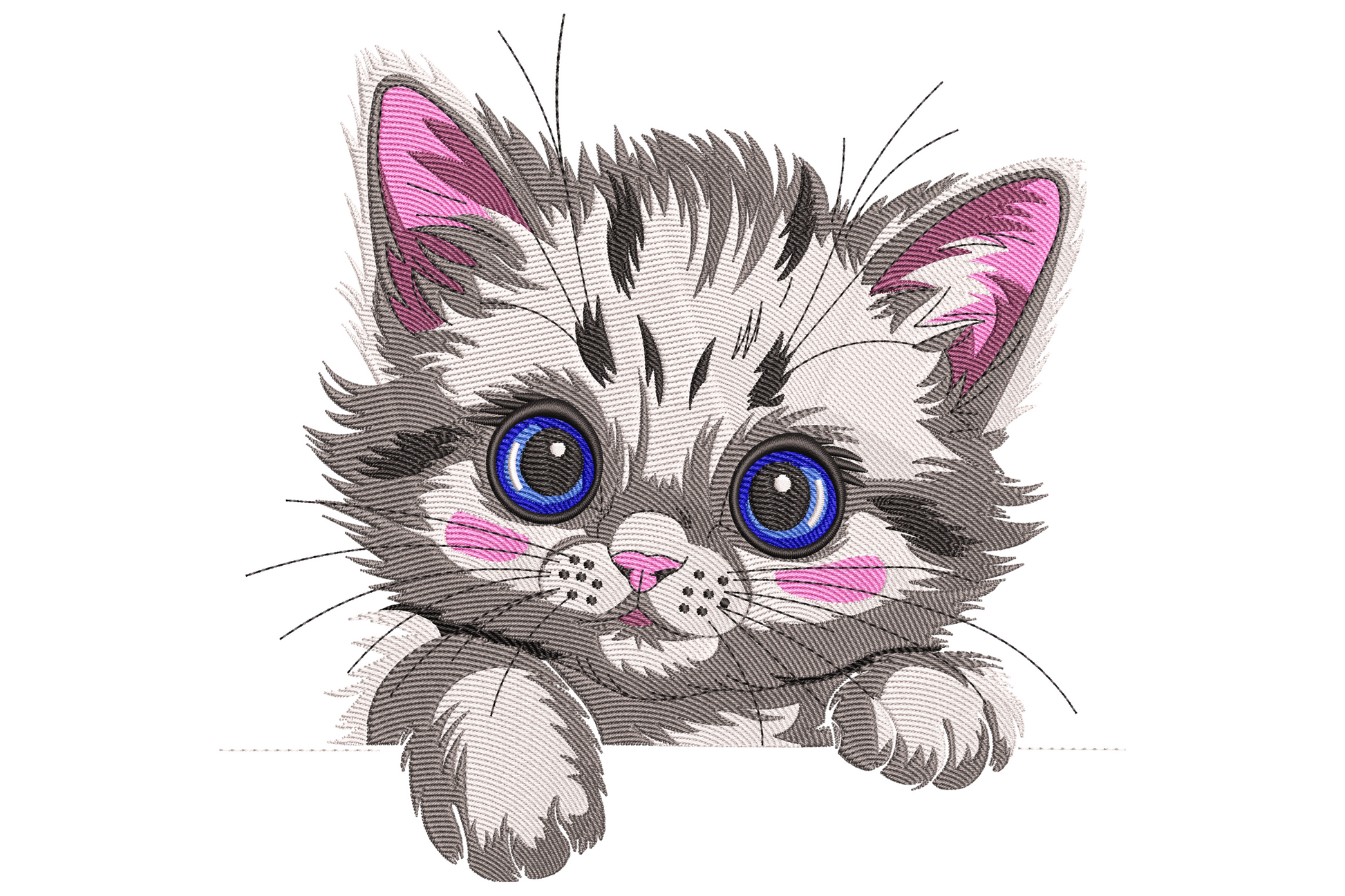 Cute kitten face embroidery, grey tabby fluff, cobalt blue eyes, pink inner ears, paws tucked, kawaii pet portrait
