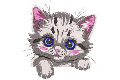 Cute kitten face embroidery, grey tabby fluff, cobalt blue eyes, pink inner ears, paws tucked, kawaii pet portrait