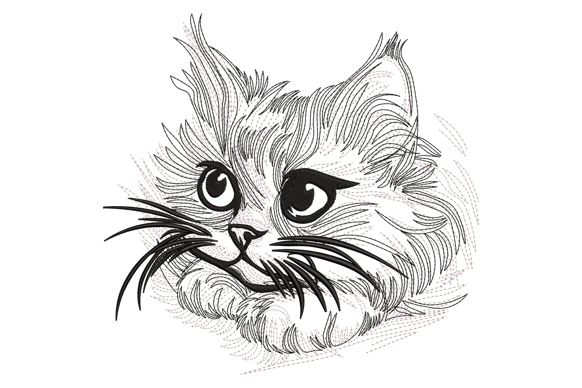 Cute kitten face embroidery in fine sketch style, fluffy fur radiating outward, wide alert eyes and long whiskers in grey and black.
