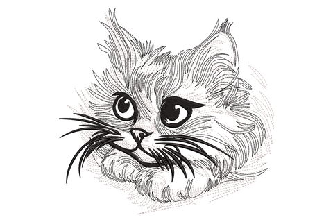 Cute kitten face embroidery in fine sketch style, fluffy fur radiating outward, wide alert eyes and long whiskers in grey and black.