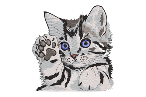 Embroidery design of a fluffy kitten sitting with one paw raised, big blue eyes looking up, white and grey tabby fur, 9 colors