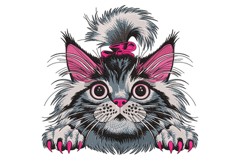 Cute kitten peeking embroidery design with enormous blue eyes, hot pink bow and claws, fluffy silver and white fur radiating outward.