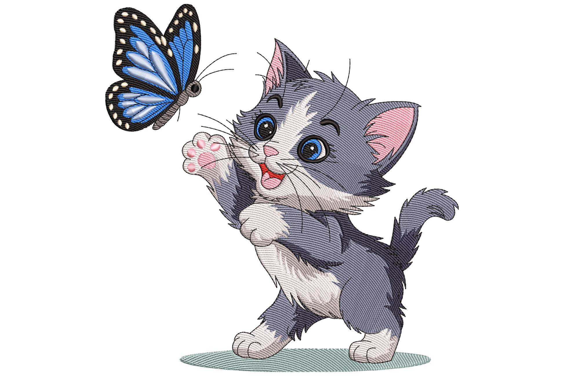 Embroidery design of a grey and white kitten reaching for a blue butterfly with pink paw pads and a mint ground oval