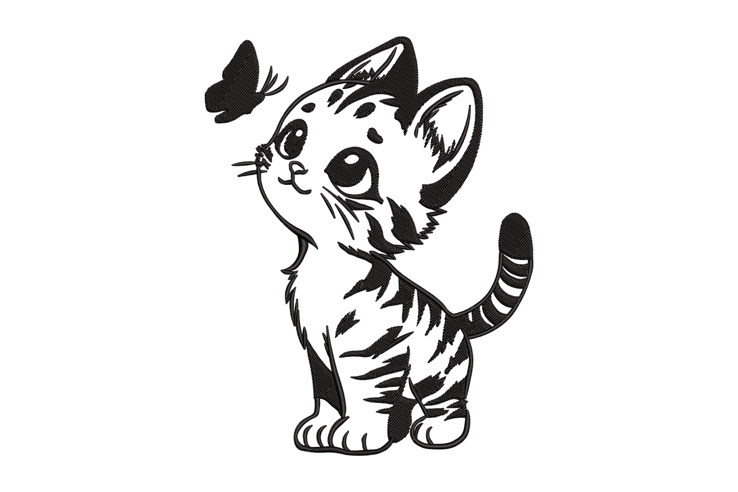 Kawaii tabby kitten with huge eyes looking up at a butterfly, single-color black line art machine embroidery design