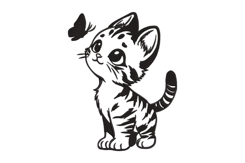 Kawaii tabby kitten with huge eyes looking up at a butterfly, single-color black line art machine embroidery design