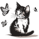 Cute Kitten With Butterflies Embroidery Design, Instant Download
