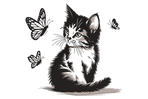 Cute kitten with butterflies embroidery design, vintage engraving style kitten watching three monarch butterflies, black and grey.