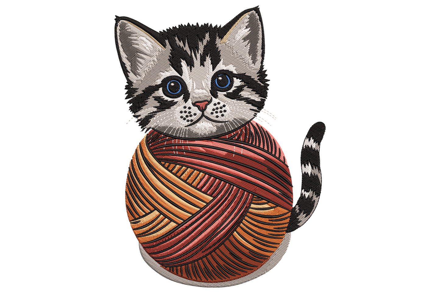 Kitten in yarn ball embroidery design, grey tabby kitten with blue eyes perched on an orange and rust striped yarn ball.