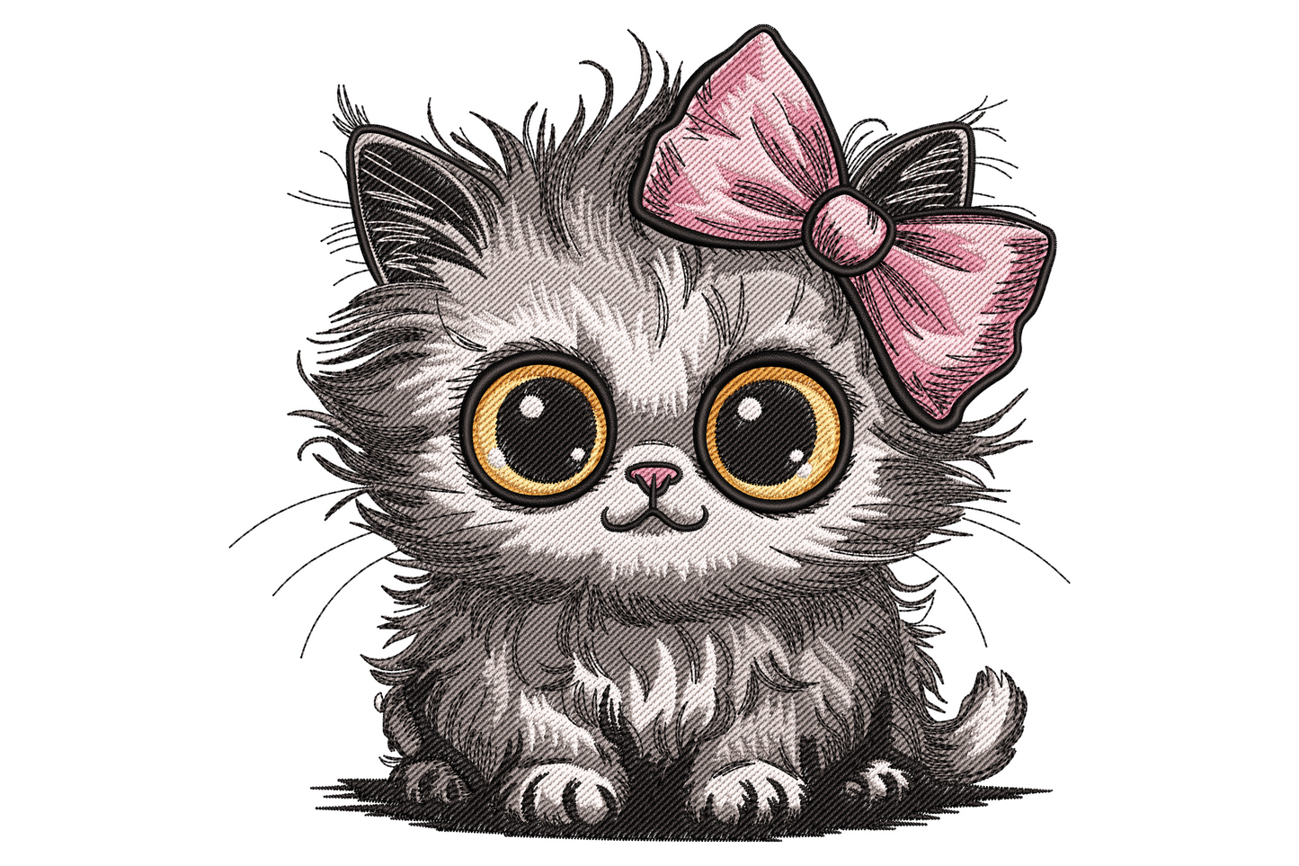 Fluffy grey kitten with huge amber yellow eyes, tiny pink nose and a big pink ribbon bow tied on top of the head.