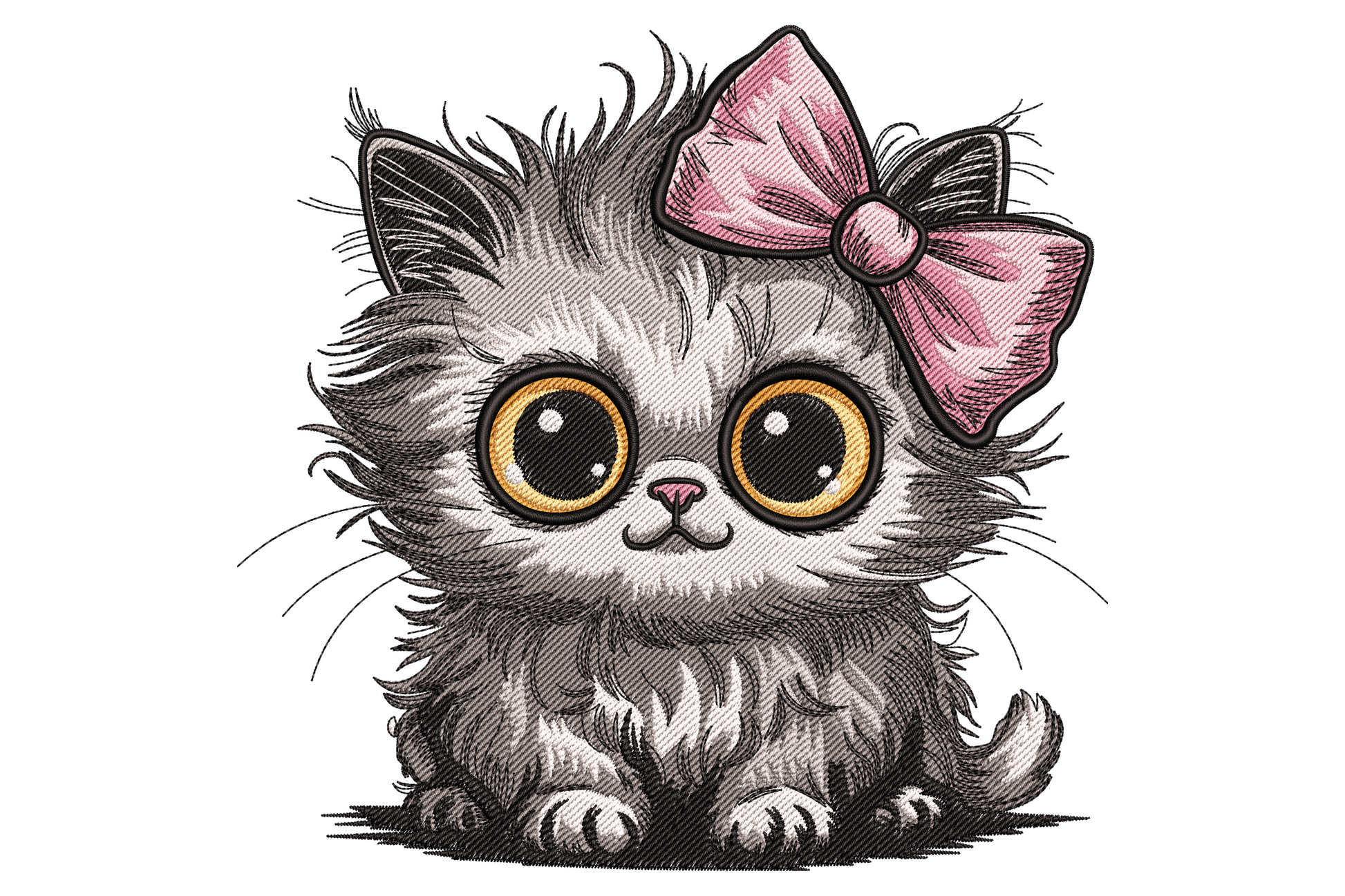 Fluffy grey kitten with huge amber yellow eyes, tiny pink nose and a big pink ribbon bow tied on top of the head.
