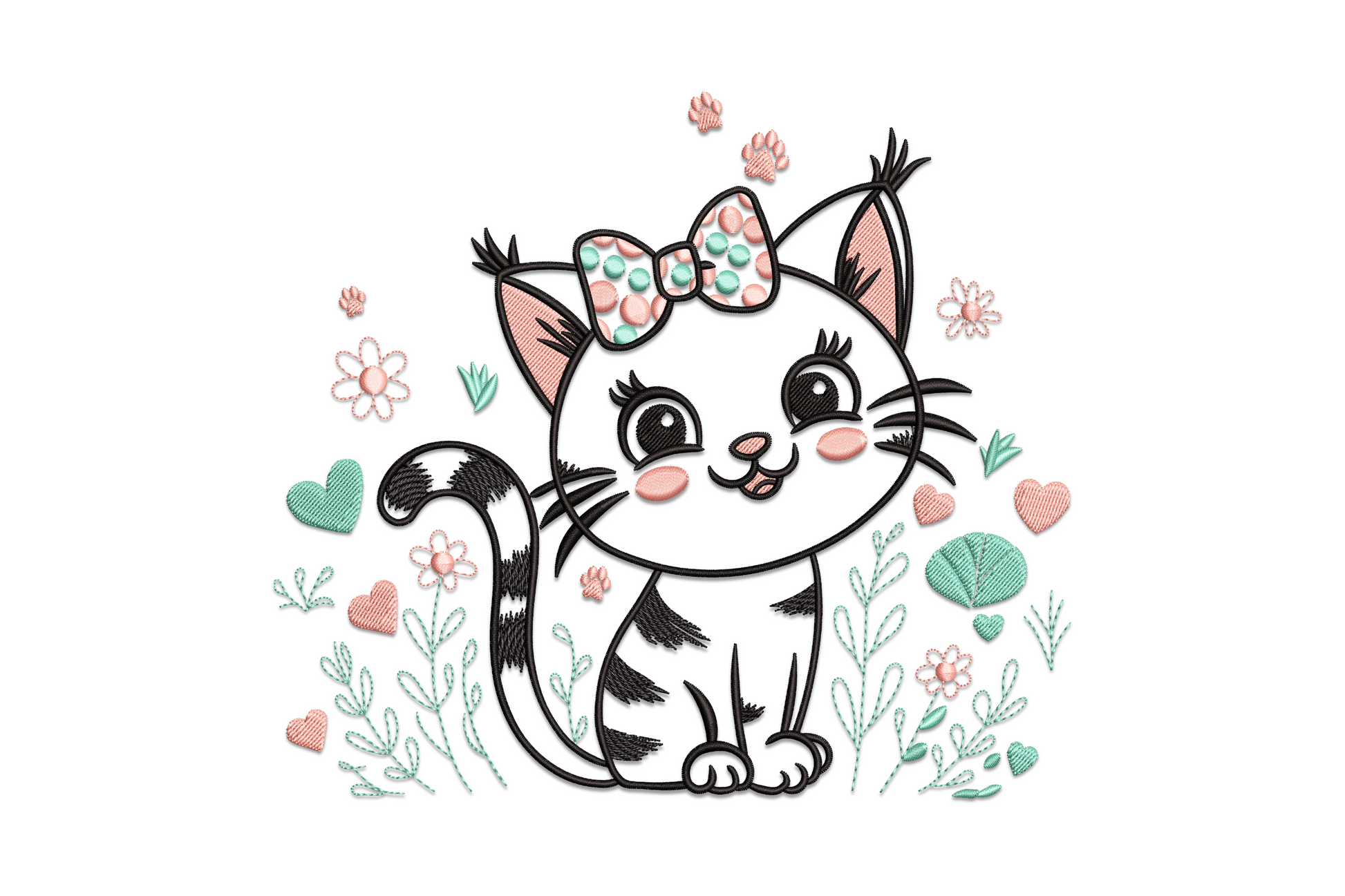 Cute cartoon kitten with teal polka-dot bow and curled striped tail, surrounded by tiny pink hearts and pastel wildflowers, soft kawaii embroidery