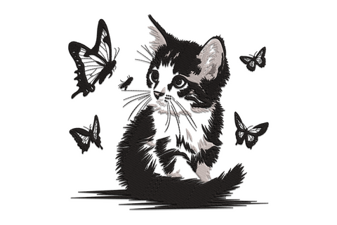 Realistic grey kitten embroidery sitting upright surrounded by five detailed black swallowtail butterflies, machine embroidery design on white background