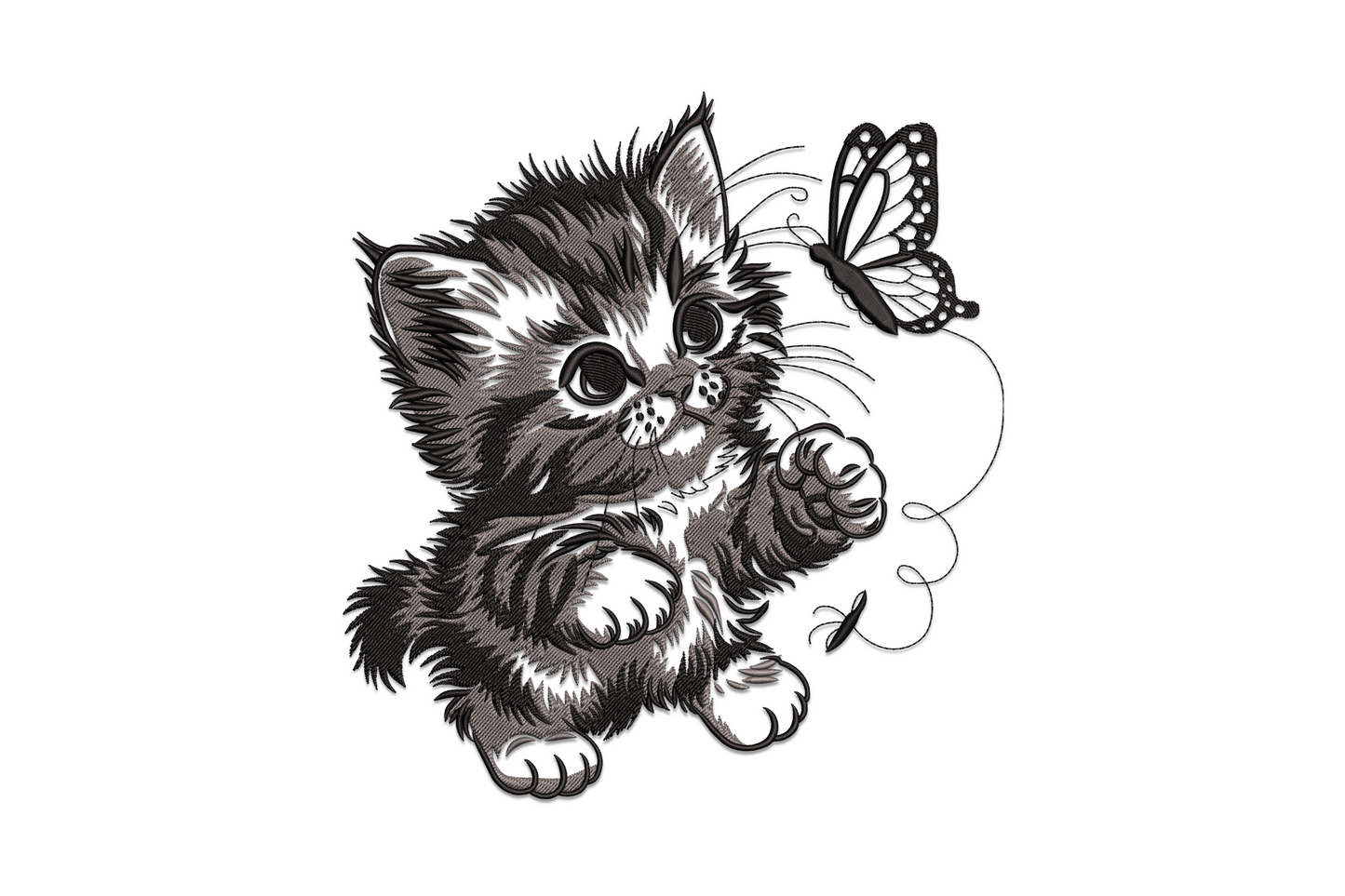 Fluffy charcoal kitten embroidery with one paw raised toward butterfly on curling thread, 7 inch, 2 colours.