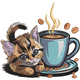 Cute Kitten with Coffee Cup Embroidery Design, Instant Download